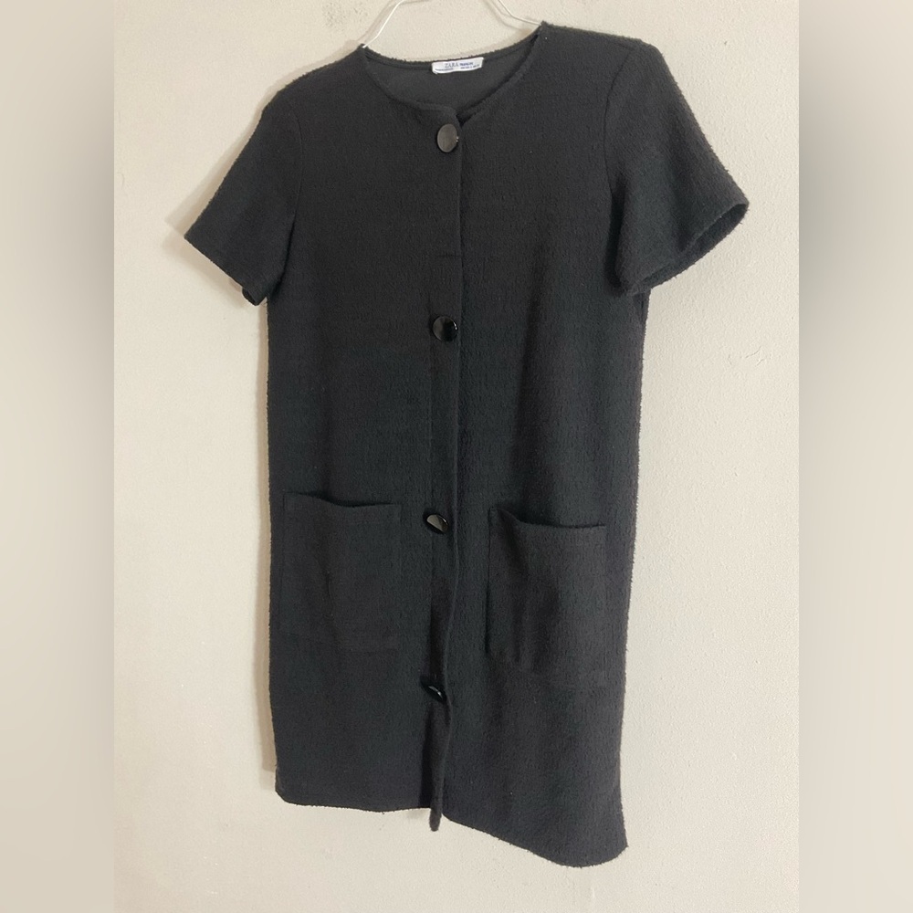 Zara Trafaluc Crew Neck Button Front Short Sleeve USA Size Small Black Dress